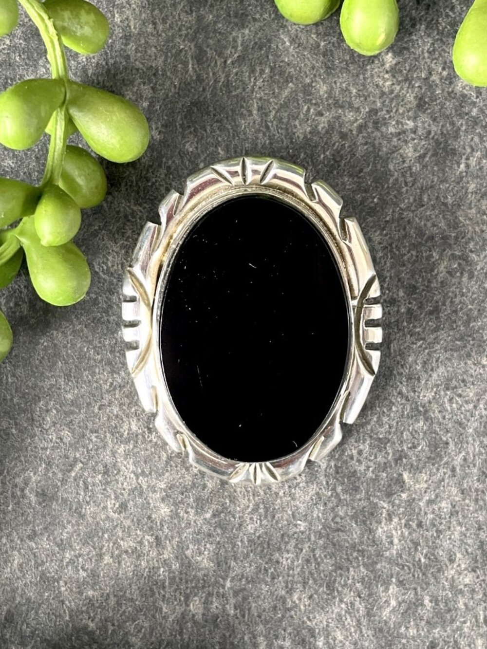 Vintage Mexican Sterling Silver Black Onyx Oval Brooch Pin Pendant TL-98 925